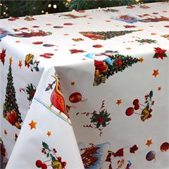 TOILE CIREE EN 140CM TRAINEAU PERE NOEL FOND BLANC  TRADITIONNEL